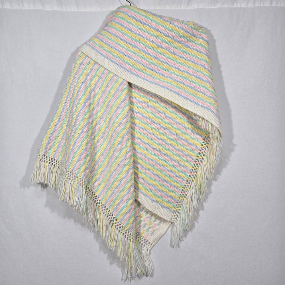 HANDMADE Vintage Pastel Colors Chunky Knit Crochet Fringe Wrap Blanket 46 X 46.